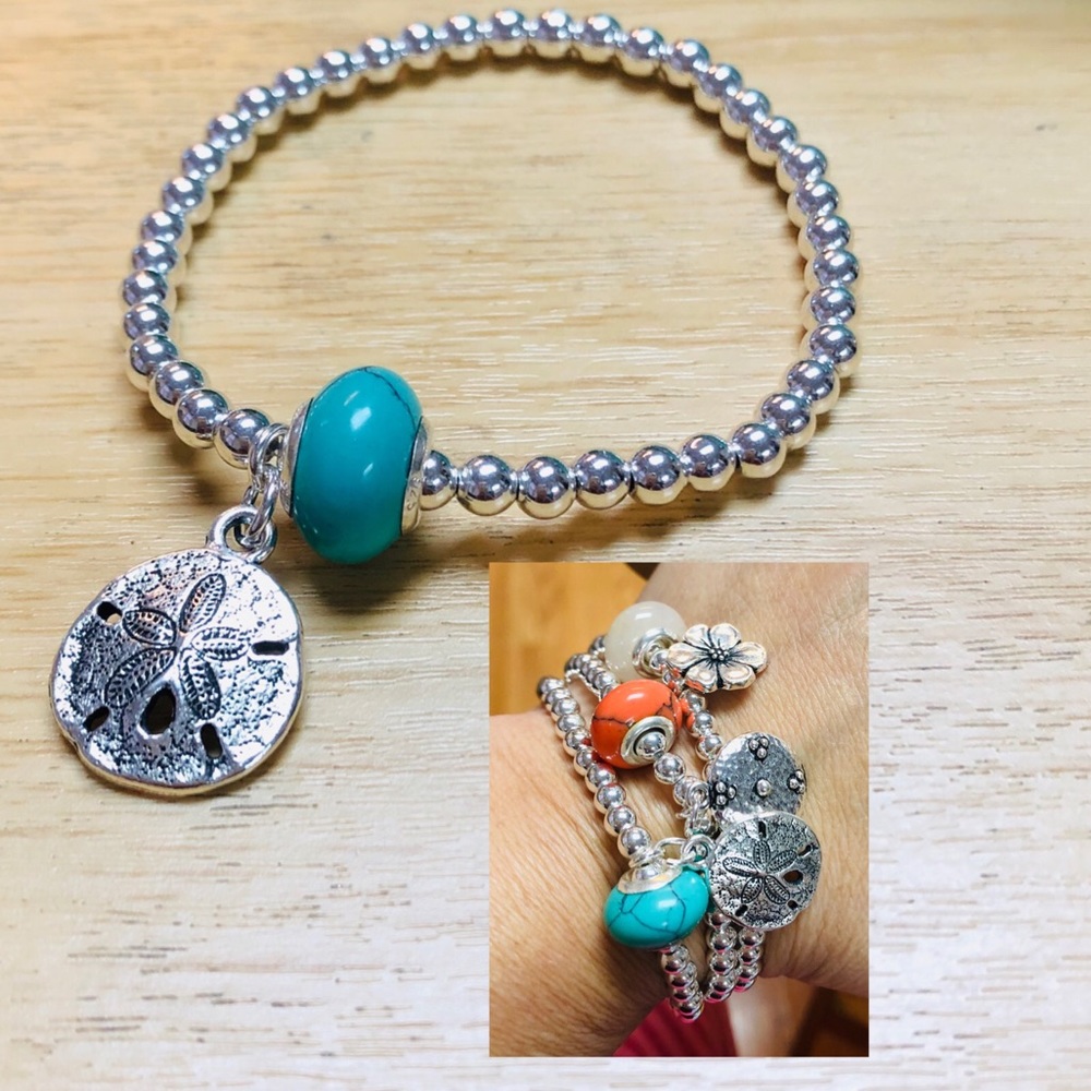 925 Sterling Silver. Hematite Turquoise Sand dollar bracelet